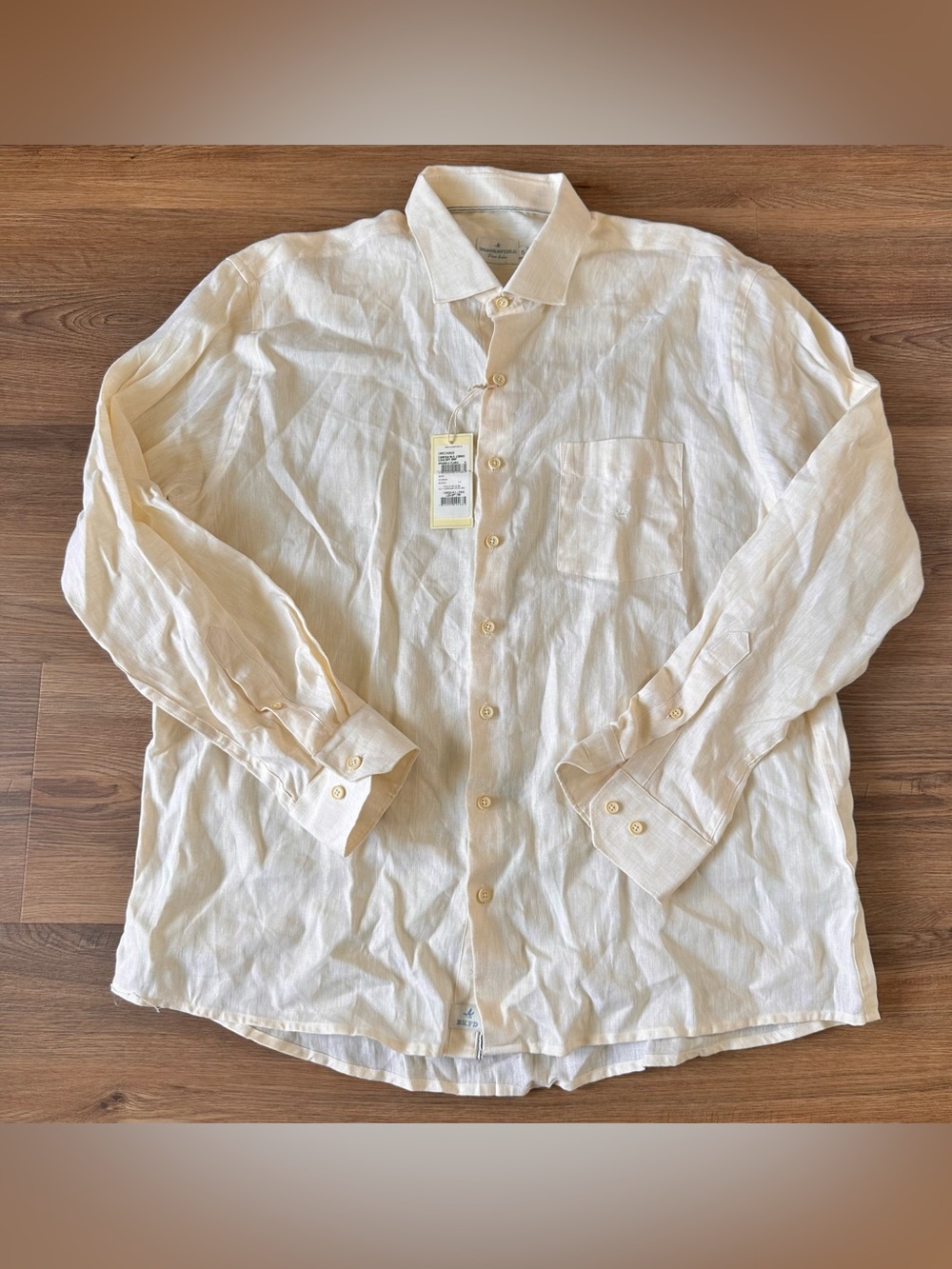 Brooksfield Men 100% Linen Button Up Shirt 5/XL Yellow Camisa Coastal Preppy NWT